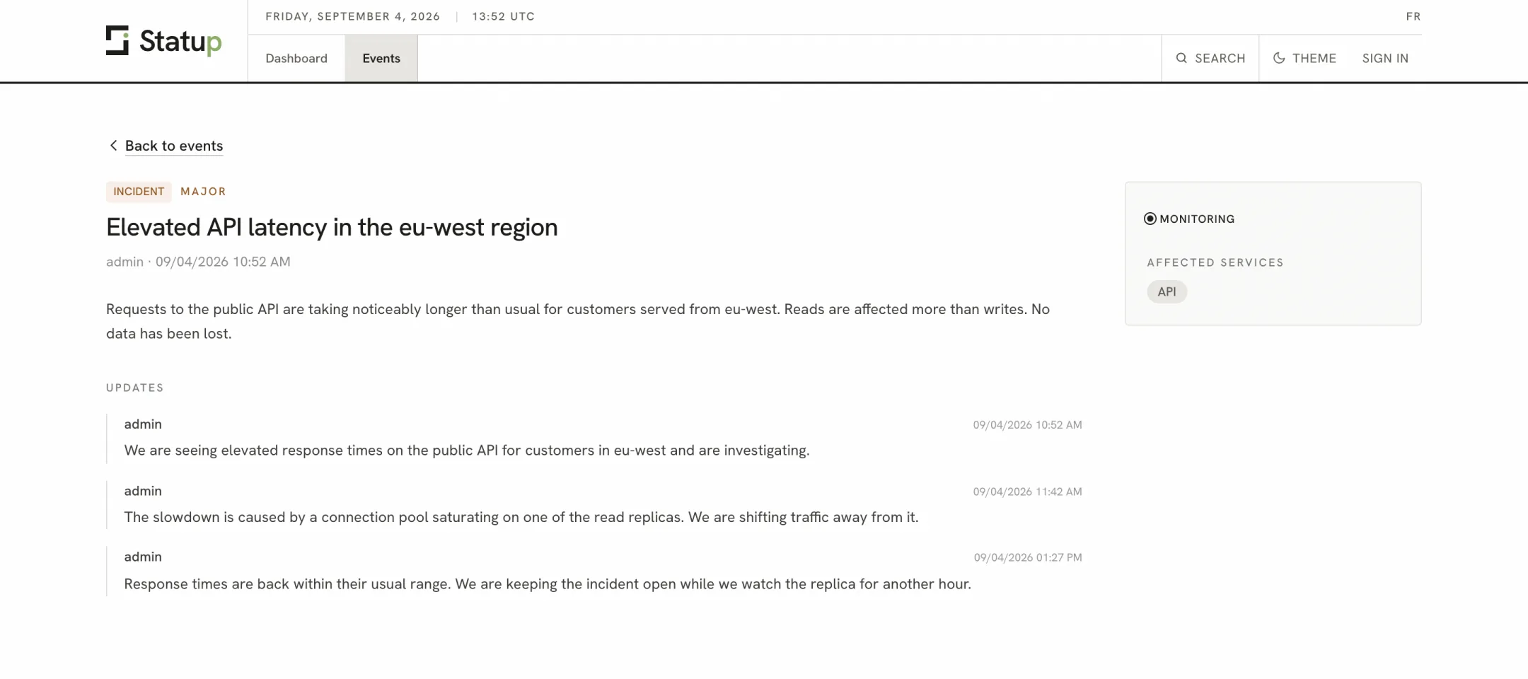 A Statup incident page: severity and lifecycle, a plain-language description, and three timestamped updates from the team.
