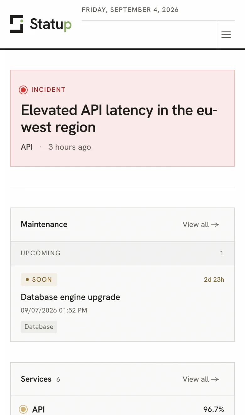 The Statup status page on a phone: a red incident banner filling the top of the screen, the affected service and how long ago it started.